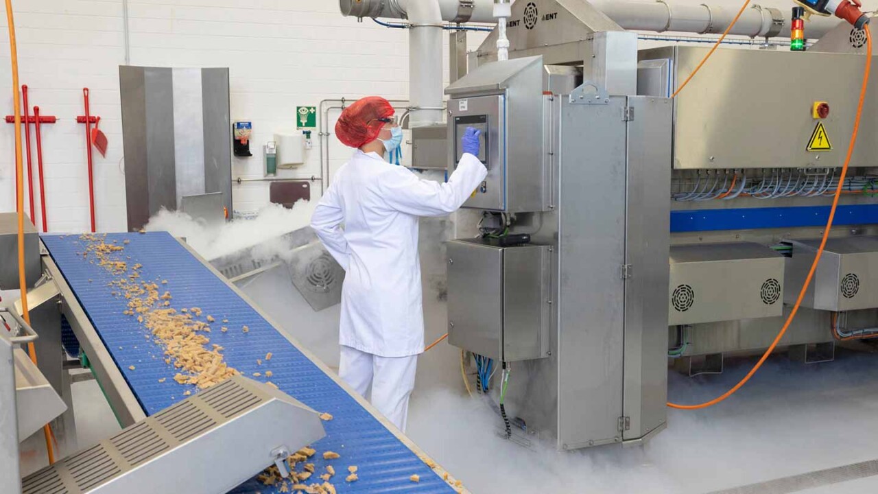 Mitarbeitende in Schutzkleidung bedienen das Bedienpanel einer industriellen Extrusions- und Kühlanlage. Auf dem Förderband liegen extrudierte Produktstücke; aus dem System tritt sichtbar Kälte-Nebel (z. B. Stickstoffkühlung) aus.