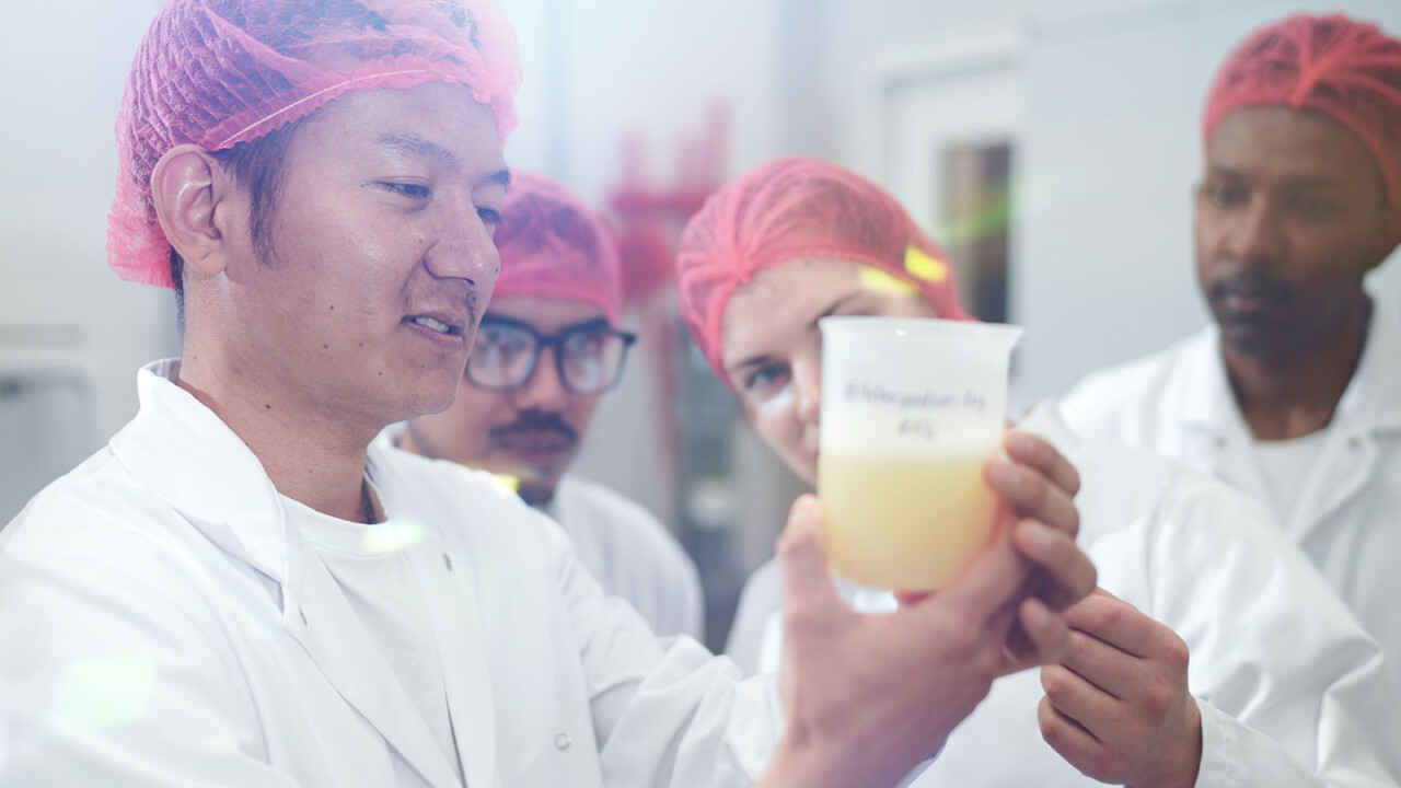 Mehrere Personen in Laborkitteln und Haarnetzen begutachten gemeinsam eine Probe in einem Becherglas. Eine Person hält das Gefäß gegen das Licht, während die Gruppe Konsistenz und Trübung der Flüssigkeit beurteilt. Das Bild steht für praxisnahe Ausbildung, Teamarbeit im Labor und anwendungsorientierte Lehre im Masterstudiengang „Food Process and Product Engineering (FPPE)“ – mit Fokus auf Prozess- und Produktentwicklung sowie Qualitätsbewertung in der Lebensmittelwissenschaft.